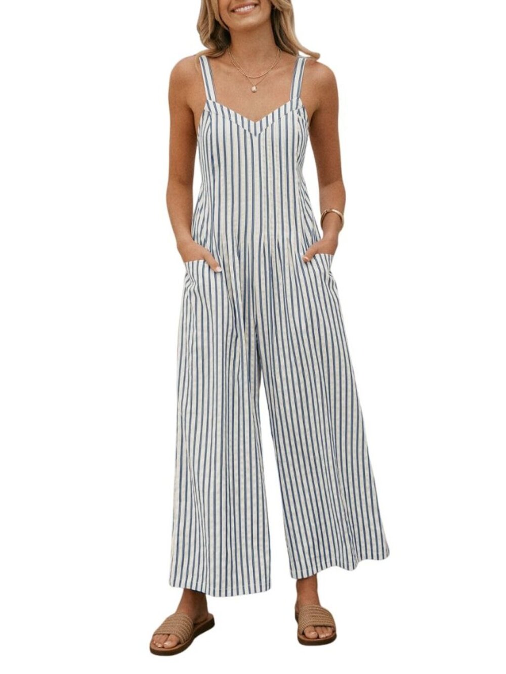 Women Striped Maxi Jumpsuit Cutout Back Summer Romper with Pockets